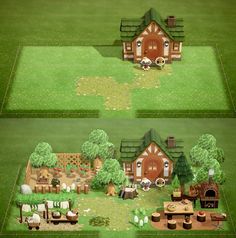 two views of the same house in different stages of construction, with trees and animals