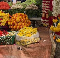 many different types of flowers on display at an outdoor market