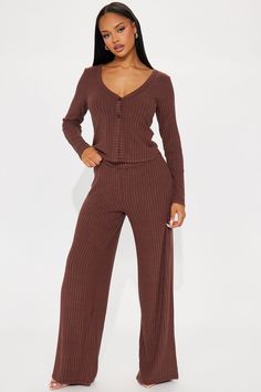 Available In Brown And Heather Grey. Hacci Pant Set Long Sleeve Cardigan Button Front Wide Leg Pant Elastic Waistband Stretch 76% Rayon 21% Polyester 3% Spandex Imported | Raylee Hacci Pant Set in Brown size XS by Fashion Nova Brown Lounge, Wide Leg Pant, Sleeve Cardigan, Pant Set, Brown Fashion, Long Sleeve Cardigan, Matching Sets, Wide Leg Pants, Fashion Nova