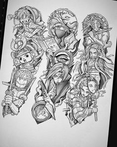 an ink drawing of some characters from the video game overwatching them all together