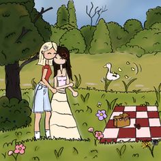 two women standing next to each other on a field with a checkerboard board