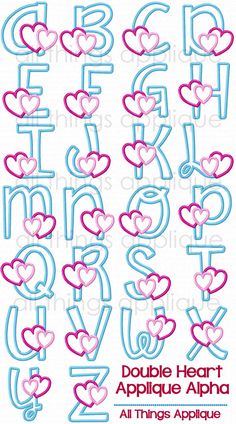 the alphabet with hearts is shown in blue and pink