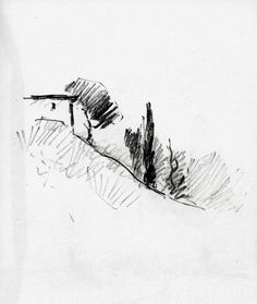 a black and white drawing of trees on a hill