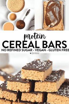 several different types of cereal bars stacked on top of each other with text overlay