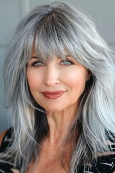 Feathered Shag with Bangs Hairstyle for Women Over 50 with Bangs. Women Over 50 With Bangs, Over 50 With Bangs, Style Bangs, Long Silver Hair, Haircuts For Medium Length Hair, Bangs For Women