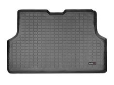 the floor mat is grey and has squares on it, as well as black trims