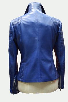 Classic Blue Long Sleeve Leather Jacket, Fitted Blue Biker Jacket With Zipper Closure, Blue Long Sleeve Biker Jacket For Work, Blue Fitted Moto Leather Jacket, Fitted Blue Leather Biker Jacket, Fitted Blue Biker Leather Jacket, Blue Fitted Biker Leather Jacket, Fitted Blue Biker Jacket With Long Sleeves, Fitted Blue Leather Outerwear