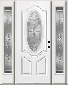 a white front door with glass panels and an oval design on the top side panel