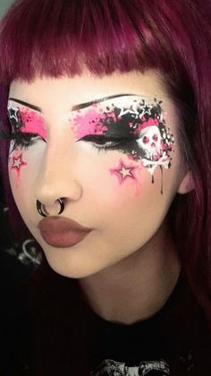 Cool Makeup Ideas Creative, Cross Makeup Look, Fun Goth Makeup, Colorful Alt Fashion, 2000s Scene Makeup, Pink Alt Makeup, Colorful Goth Makeup, Cybergoth Makeup, Confetti Makeup