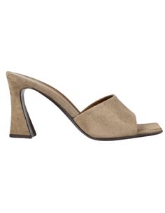 Giuseppe Zanotti Solhene Mule Heel Sandal in taupe suede. All Sale Merchandise is FINAL SALE. Open toe. Square toe. Mule silhouette. Spool heel. Leather sole with logo. Suede covered heel. 85mm (3.3 inches) heel. Made in Italy. Mule Silhouette, Mule Heel, Spool Heel, 3 Inch Heels, Heel Sandal, Pumps Flat, Shoe Store, Resort Wear, Giuseppe Zanotti