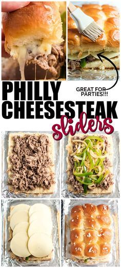 an advertisement for phily cheesesteak sliders with different types of meats