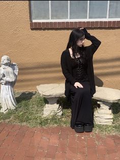 Goth Picture Day Outfits, Plain Goth Outfits, Hunted House Outfit, Goth Maxi Dress Outfit, Black Balletcore Outfit, Oversized Goth Outfits, Alt Outfits For Summer, Goth Long Skirt Outfit, Mopey Goth Outfits