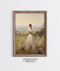 a painting on the wall of a woman standing in a field with wildflowers