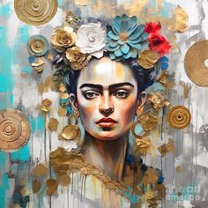 a painting with gold and white flowers on it's head, surrounded by circles