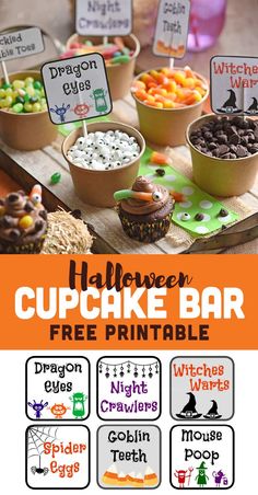 halloween cupcake bar with free printables for kids to make it look like they are