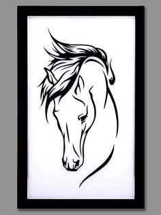 a horse's head is drawn in black ink on a white background with clouds