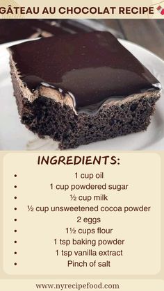 chocolate cake recipe with ingredients for it on a white plate and in the background there is an info sheet