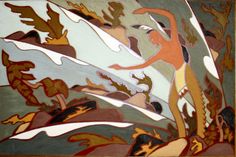 an abstract painting with many different colors and shapes on the surface, including trees and leaves