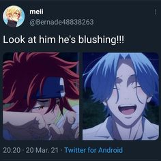 two anime characters with blue hair and one has an expression that says look at him he's flushing