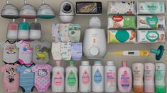 the baby products are organized neatly on the wall