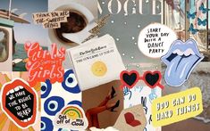 collage of various stickers and pictures with words