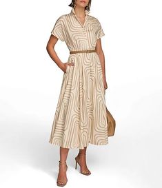 Donna Karan Printed Collared Short Sleeve Midi Shirt Dress | Dillard's Short Sleeve Belted Midi Dress For Casual Wear, Belted Midi Dress With Short Sleeves For Casual Wear, Casual Belted Short Sleeve Midi Dress, Casual Belted Midi Dress With Short Sleeves, Summer Semi-formal Dress With Pleated Waist, Semi-formal Summer Dress With Pleated Waist, Semi-formal Short Sleeve Belted Midi Dress, Chic Collared Dress With Tie Waist, Chic V-neck Shirt Dress With Pockets