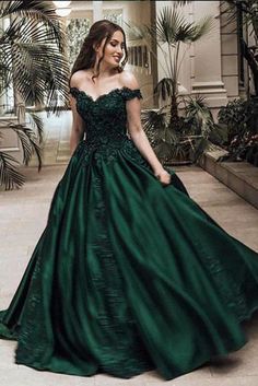 Dark Green Ball Gown Off-the-Shoulder Floor-Length Appliques Satin Prom Dresses - Prom Dresses Dark Green Ball Gown, Modern Merida, Medieval Core, Dark Green Prom Dress, Dark Green Prom Dresses, Lace Prom Gown, Green Ball Gown, Green Evening Dress, 파티 드레스