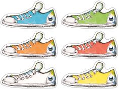 four pairs of colorful sneakers stickers on a white background, each with different colors