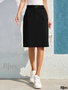 Bjux - Premium High-Waisted Straight Skirt with Flap Pockets, Sophisticated Knee-Length Design for Fashionable Womens Attire Chic Knee-length Skirt With Side Pockets, Classic Knee-length Skirt With Pockets, Elegant Knee-length Pencil Skirt With Pockets, Office Knee-length Skirt With Button Closure, Khaki Knee-length Skirt With Pockets, Fall Care, Straight Skirt, Casual Fit, Summer Fall