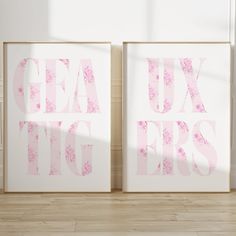 two framed art prints with the words gea ux tig on them in pink ink