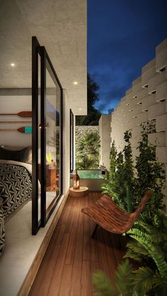 a wooden bench sitting on top of a hard wood floor next to a lush green plant