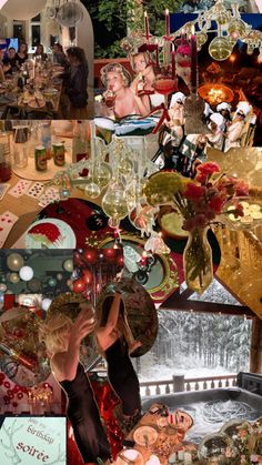 a collage of photos with people and christmas decorations on them, including candles, plates, wine glasses and other items