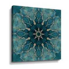 a blue and green abstract painting with gold accents on the bottom, in an ornate design