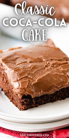 a close up of a piece of cake on a plate with the words classic cocoa - cola cake