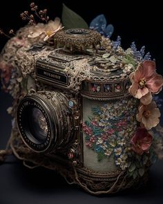 an old fashioned camera with flowers on it