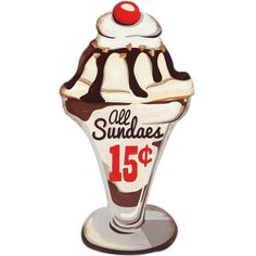 an ice cream sundae with a cherry on top is sitting on a stand for sale