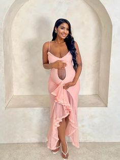 Momyknows Ruffle Tulle Cut Out Falbala Ruched Crop Slit Cami Mermaid Elegant Cocktail Party Maternity Photoshoot Baby Shower Maxi Dress Pink Baby Shower Dress For Mom, Pink Baby Shower Dress, Gender Reveal Dress, Elegant Cocktail Party, Maternity Sundress, Plus Size Maternity Dresses, Baby Shower Dress, Formal Maternity Dress