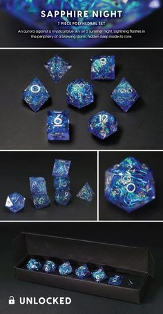 blue and white dice set in a box with the words sapphire night written on it