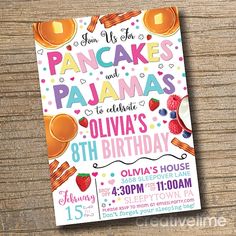 a birthday party card with pancakes and other food items on the front, along with an envelope that says pancakes and pajamas to celebrate ollivia's 8th birthday