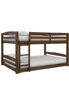 the bunk bed is made from wood and has two mattresses on each side,