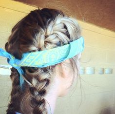 French Braid great for softball games with bandana to hold it tight. Braids With Hat, Camping Hairstyles, Softball Games, Hairstyles French, Double French Braids, Jeep Hair, Softball Hairstyles, Boxer Braids, Braids Ideas