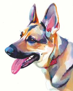 a watercolor painting of a dog with its tongue out and it's tongue hanging out