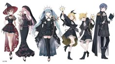 four anime characters are dressed in black and white