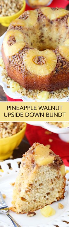 pineapple walnut upside down bundt cake on a plate