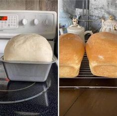 two pictures side by side one has bread in a pan and the other has an oven