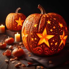 two carved pumpkins with stars on them, surrounded by candles and pumpkin seeds in the background