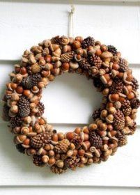 a wreath hanging on the side of a door with pine cones and acorns