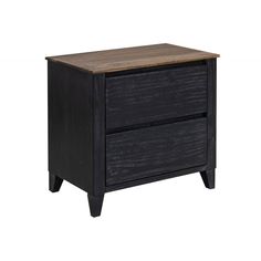 a black night stand with two drawers on one side and an open drawer on the other