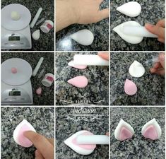 the steps to make an origami heart with pink and white shapes on it