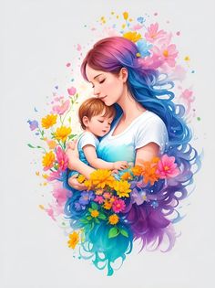 a woman holding a child in her arms with flowers on the side and butterflies flying around